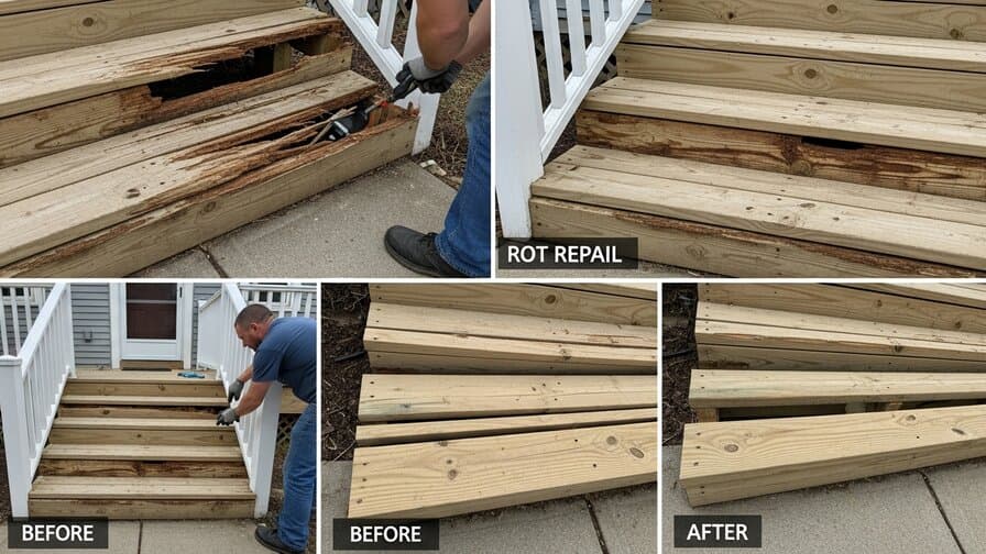 Cincinnati wood deck stair riser board rot repair contractor replacing rotted riser boards on Cincinnati residential deck