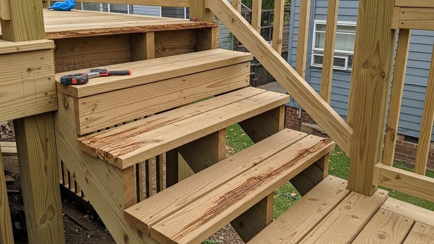 Louisville wood deck stair riser board rot repair contractor replacing rotted riser boards on Louisville residential deck
