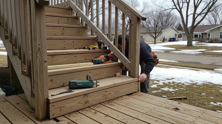Minneapolis wood deck stair riser board rot repair contractor replacing rotted riser boards on Minneapolis residential deck