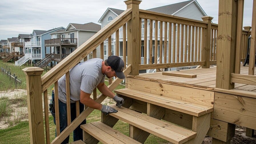 Virginia Beach Virginia Atlantic coast residential neighborhood contractor replacing deteriorated pressure-treated riser board at wood deck stairs on coastal residential home in Princess Anne Virginia Beach Virginia showing contractor installing new exterior-grade riser board with UV-resistant finish with Virginia Beach coastal neighborhood homes and Atlantic Ocean salt air background