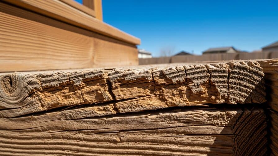 El Paso Texas El Paso County contractor inspecting Chihuahuan Desert UV-heat damaged pressure-treated wood deck stair stringer with face grain check cracking in Mission Valley neighborhood showing desert climate stringer failure before rot consolidant repair Texas