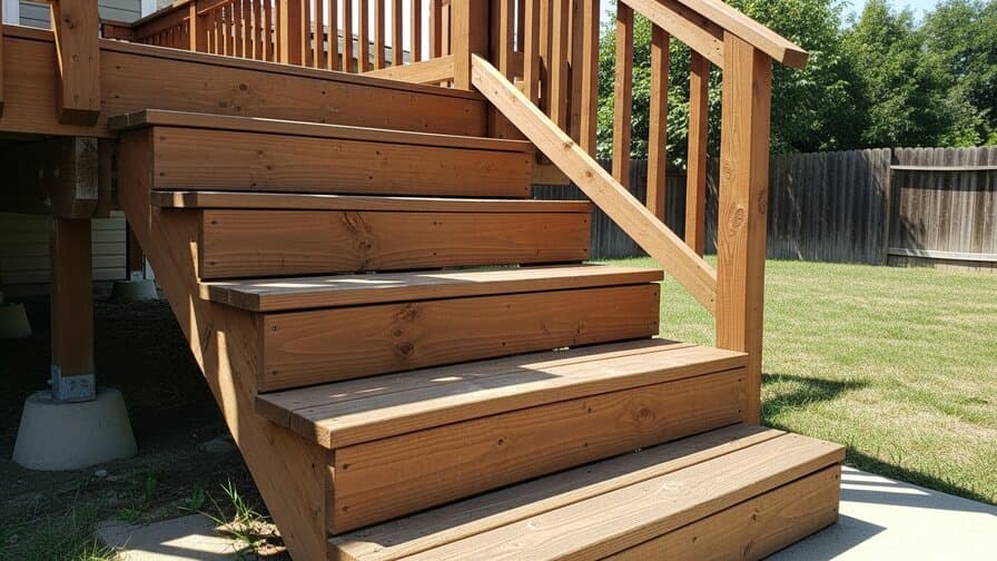 Fresno California San Joaquin Valley contractor inspecting extreme summer dry-heat UV damaged pressure-treated wood deck stair stringer end grain check cracking at bearing plate Tower District Fresno neighborhood showing shrinkage checks before rot consolidant repair California