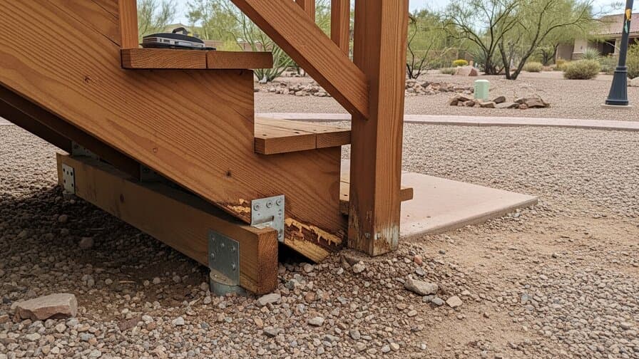 Phoenix Arizona Maricopa County contractor inspecting pressure-treated wood deck stair stringer bearing plate saturation damage from Sonoran Desert monsoon flash flood at grade contact Scottsdale residential neighborhood showing caliche soil moisture rot damage before consolidant repair Arizona desert landscape