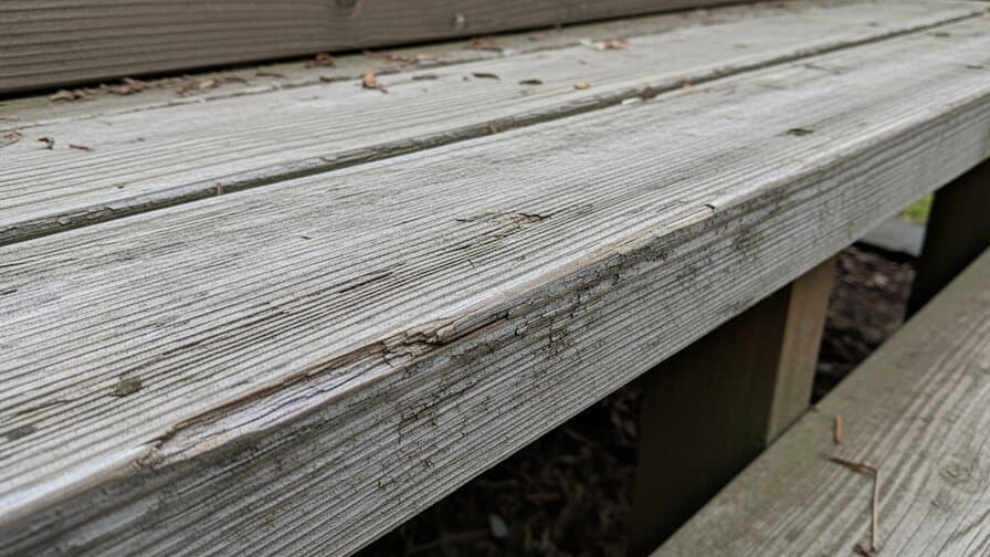 Portland Oregon Pacific Northwest contractor inspecting pressure-treated wood deck stair stringer face rot damage at Pearl District home showing gray surface discoloration and soft fiber from Pacific weather system winter rain moisture typical Multnomah County Oregon residential neighborhood