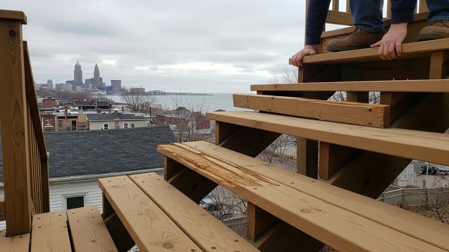 Cleveland Ohio Cuyahoga County wood deck stair tread rot repair contractor replacing lake-effect-moisture-damaged oak stair tread boards at residential wood deck stairs in Ohio City or Tremont Cleveland Ohio neighborhood showing contractor installing new cedar deck stair tread board with corrosion-resistant structural screws on wood deck stair stringers with Cleveland city skyline and Lake Erie shoreline visible in background
