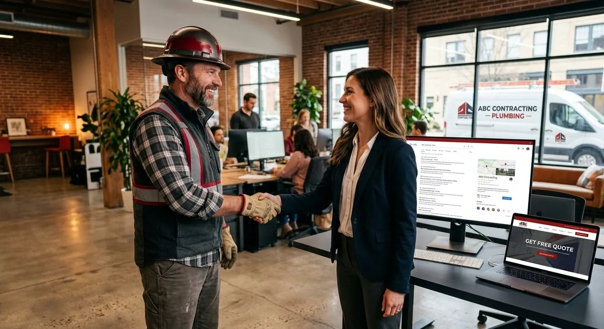 Contractor shaking hands with marketing agency professional at office with Google rankings and contractor website on screens — RankWeld built exclusively for the trades