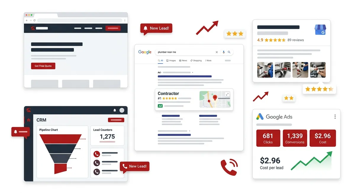 Contractor marketing dashboard showing Google search ranking #1, local SEO map pack, Google Ads campaign with 1,339 conversions, CRM lead pipeline with 1,275 leads, Google Business Profile with 4.9 star reviews, and contractor website with Get Free Quote CTA — RankWeld all-in-one marketing platform for plumbers, roofers, HVAC and electricians