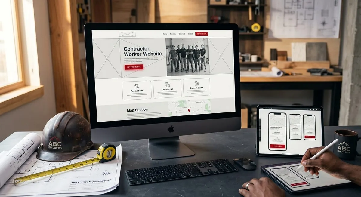 Contractor website design on desktop and tablet with mobile responsive mockups and construction blueprints