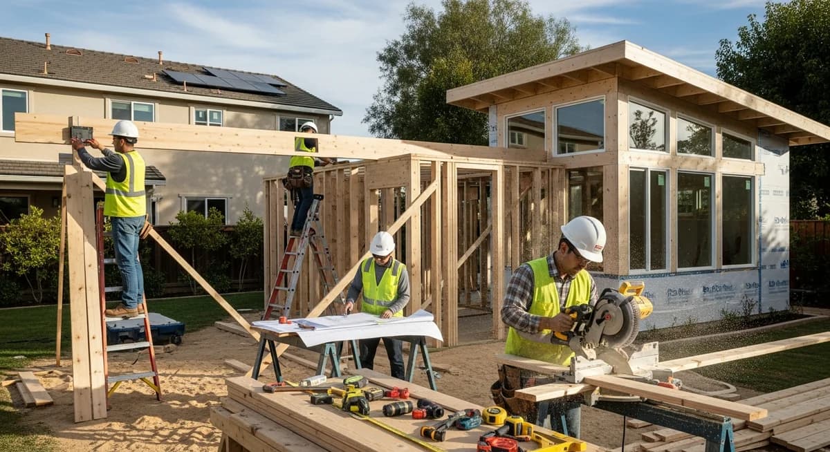 Professional ADU contractor building an accessory dwelling unit in a residential backyard for marketing
