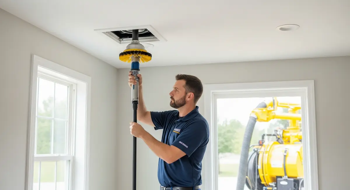 Professional air duct cleaning technician inserting rotary brush system into residential HVAC supply duct register with truck-mounted vacuum equipment