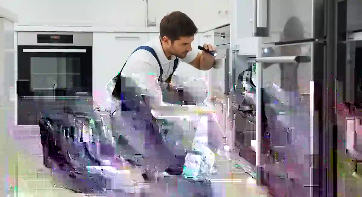 Professional appliance repair technician servicing a residential kitchen appliance for marketing