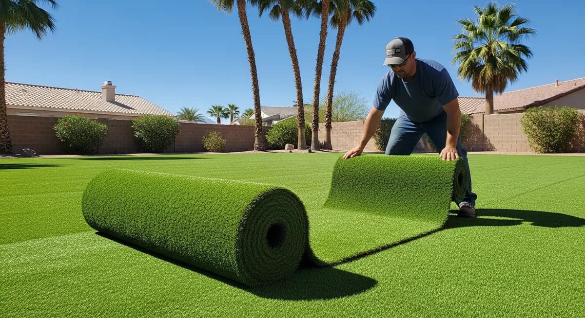 Professional artificial turf installation contractor unrolling bright green synthetic grass roll on residential backyard in Las Vegas Nevada desert suburban home with palm trees and blue sky
