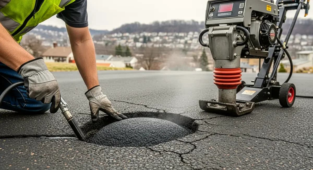 Professional asphalt driveway crack sealing contractor applying hot rubberized crack filler into routed surface crack channel on residential asphalt driveway in Nashville Tennessee Brentwood showing contractor with hot rubberized crack filler applicator wand sealing thermal cycling surface crack network with Nashville Tennessee residential neighborhood background and Southern urban landscape