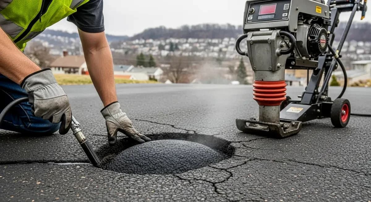 Professional asphalt driveway longitudinal crack sealing contractor applying hot rubberized crack filler into routed longitudinal crack channel on residential asphalt driveway in Denver Colorado Jefferson County Aurora showing contractor with hot rubberized crack filler applicator wand sealing freeze-thaw widened longitudinal crack network with Denver Colorado Front Range Rocky Mountain background and Jefferson County suburban residential neighborhood