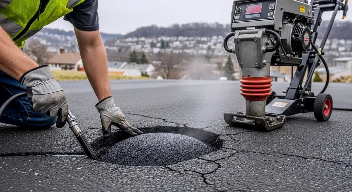Professional asphalt driveway pothole patching contractor applying hot mix asphalt patch to freeze-thaw formed residential driveway pothole in Detroit Michigan Wayne County Dearborn neighborhood showing contractor filling pothole cavity with fresh hot mix asphalt and tamping surface flush with surrounding pavement on gray overcast Michigan winter day with Detroit rust belt residential background