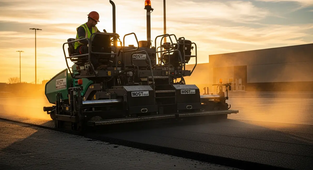 Professional asphalt paving contractor laying a commercial parking lot for paving marketing