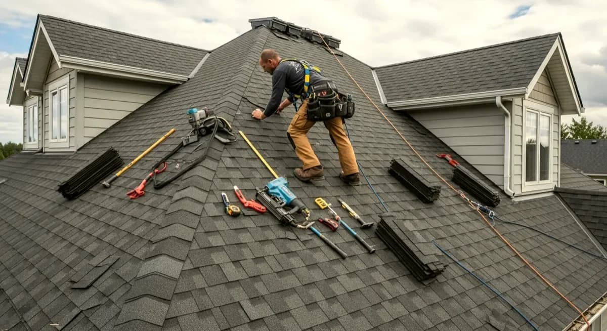 Professional asphalt shingle ridge cap blow-off repair contractor reattaching blown-off ridge cap shingle with 6-nail pattern and roofing cement bead at roof ridge apex on residential asphalt shingle roof in Oklahoma City Oklahoma Oklahoma County Edmond Yukon neighborhood showing contractor with roofing nailer and cement tube reseating ridge cap shingle at ridge board apex with Oklahoma City Oklahoma residential neighborhood background and Great Plains suburban landscape
