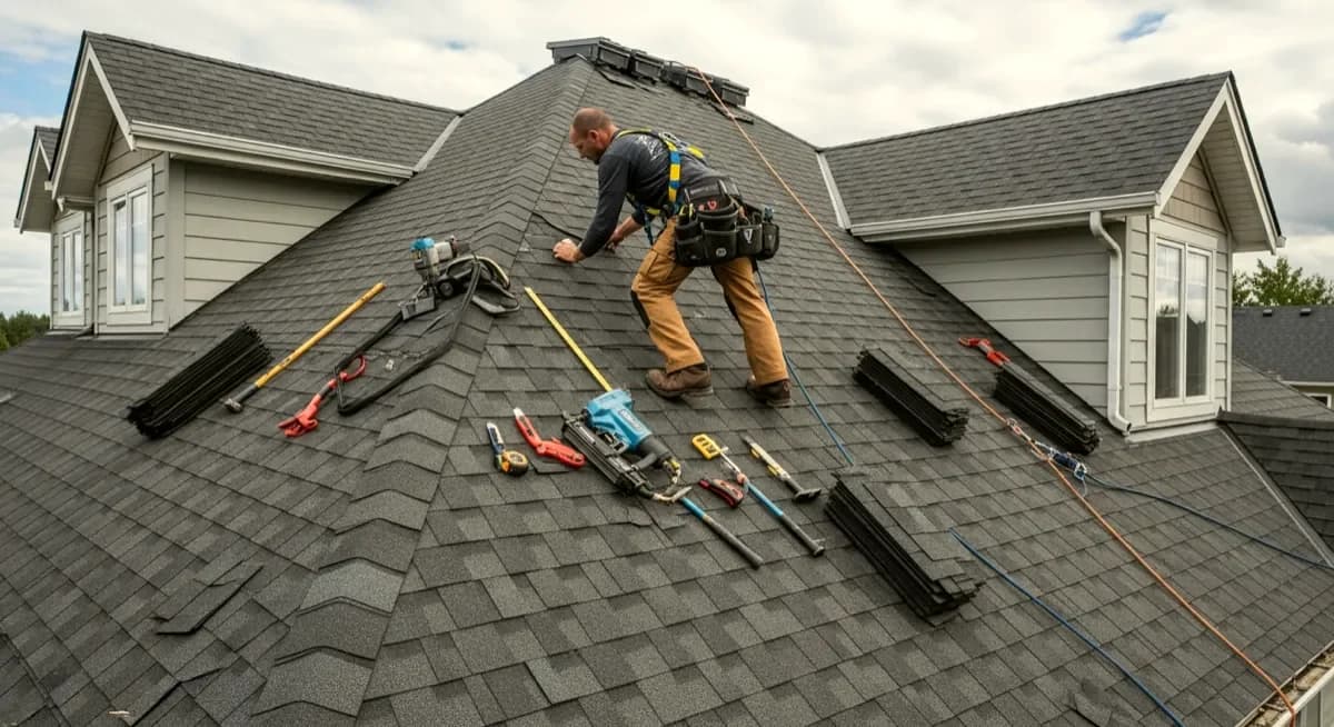 Professional asphalt shingle tab blow-off repair contractor replacing blown-off three-tab shingle sections and reactivating unsealed tab adhesive strips on a residential roof in Kansas City Missouri Jackson County Overland Park suburban neighborhood Midwest warm golden sky morning photography showing contractor performing selective shingle tab replacement after Great Plains high-wind event