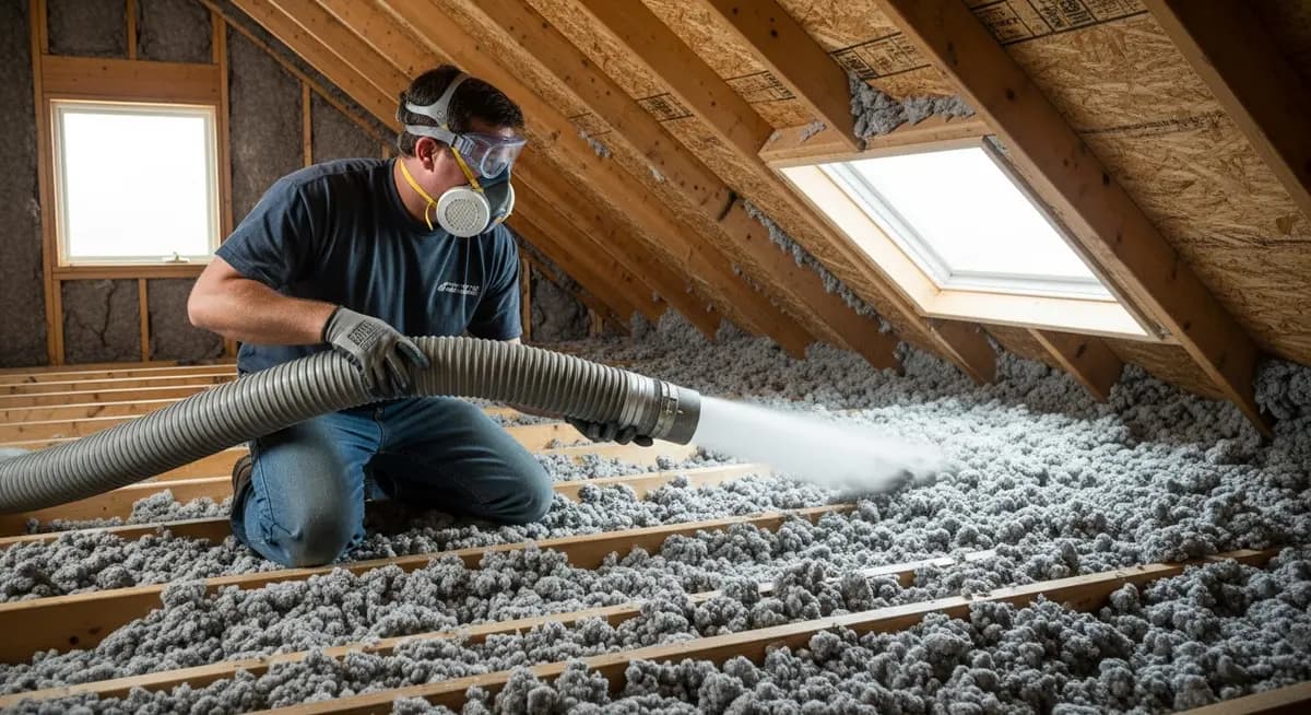 Professional attic insulation contractor installing blown-in cellulose insulation in a residential attic space wearing safety goggles and dust mask operating flexible blowing hose with cellulose material filling between wooden attic joists to R-49 depth