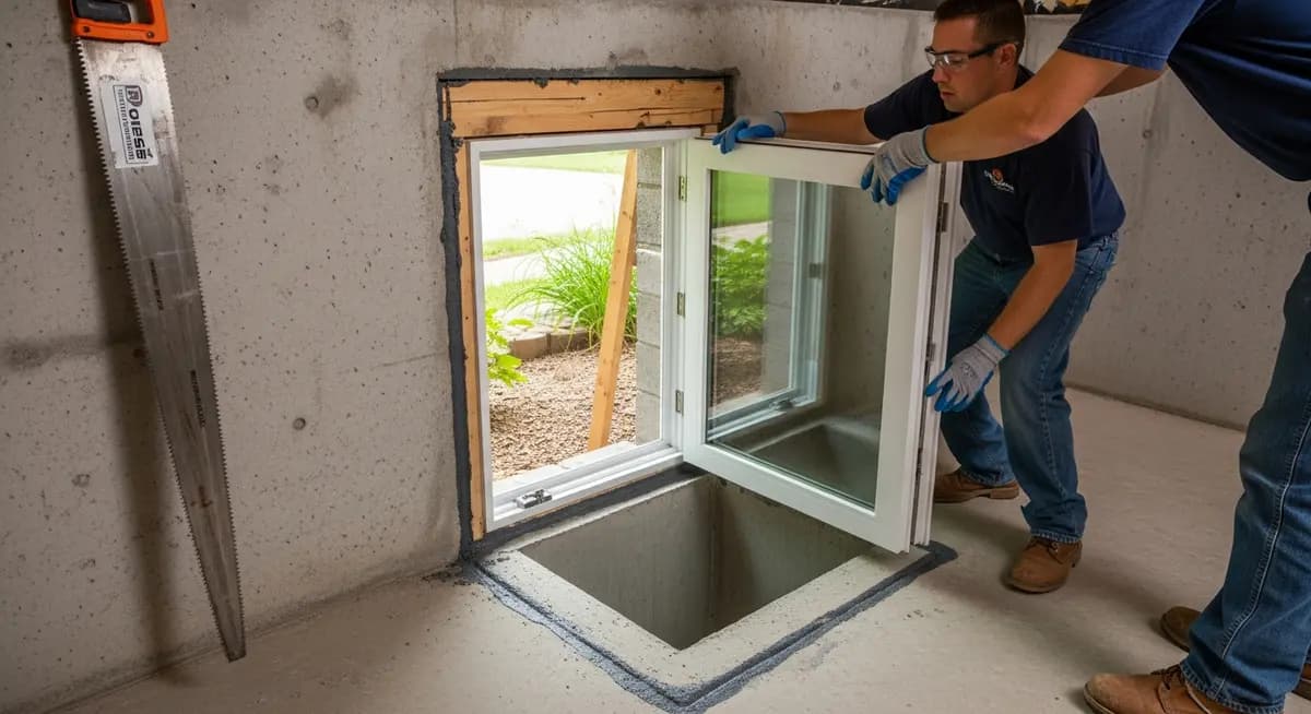 Basement egress window contractor installing a code-compliant egress window in a concrete foundation wall with steel window well bolted to foundation exterior showing professional saw-cut opening and finished installation