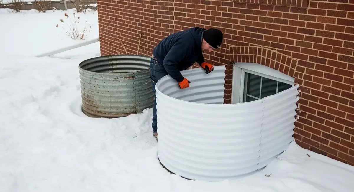 Professional basement egress window well replacement contractor installing new polyethylene semi-circular window well liner on residential home St Paul Minnesota Ramsey County suburban backyard foundation wall photography