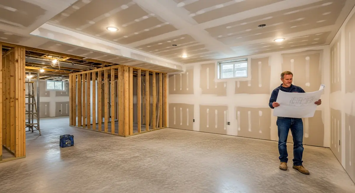 Professional basement finishing contractor reviewing blueprints in a newly finished basement with framed walls, recessed lighting, and luxury vinyl plank flooring being installed showing transformation from raw concrete to elegant living space