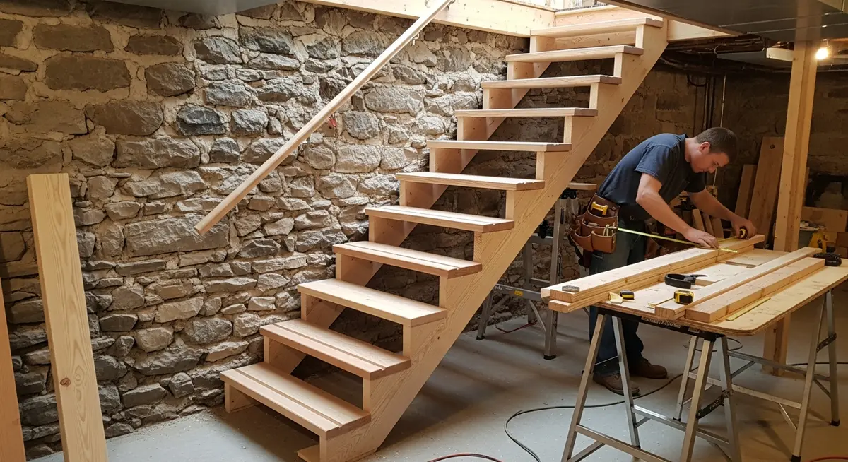Professional basement stair replacement contractor installing new closed-riser wooden stairs with oak treads in a Pittsburgh Pennsylvania home basement showing carpenter measuring new stringer boards with floor-to-floor height layout in a 1940s Allegheny County brick rowhouse basement