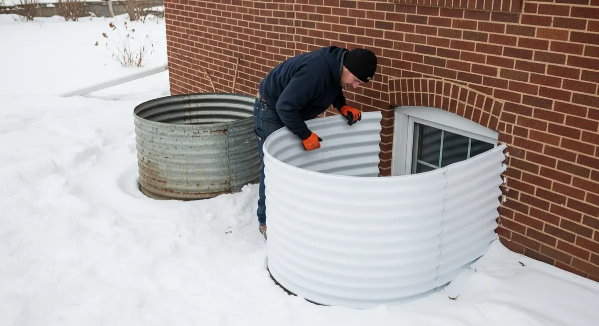 Professional contractor installing a new corrugated polypropylene basement window well liner against the foundation wall of a Minneapolis Minnesota brick bungalow house showing galvanized steel window well being replaced with new white plastic semicircular liner on residential below-grade foundation wall with snow on ground exterior photograph