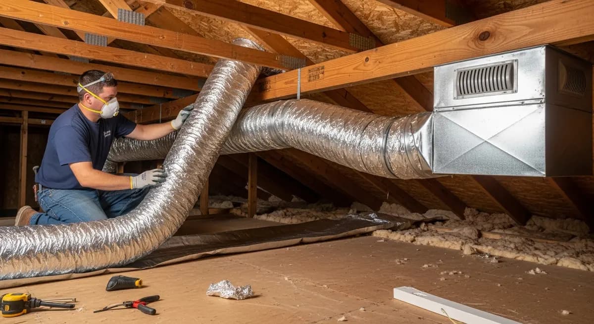 Professional bathroom exhaust fan duct replacement contractor in Charlotte North Carolina attic space replacing flexible foil bathroom exhaust duct with rigid metal duct connected to roof cap vent Mecklenburg County suburban home photograph