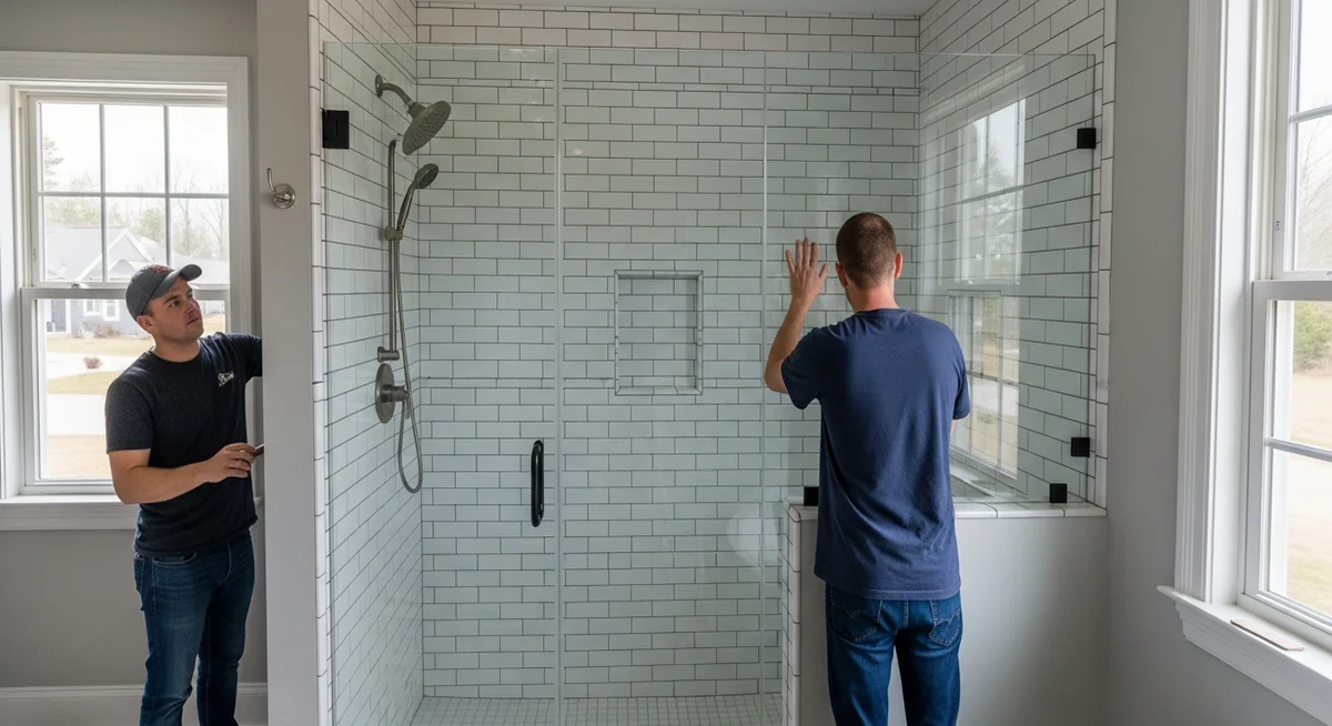 Professional bathroom remodeling contractor installing a modern walk-in shower with white subway tile in an upscale residential bathroom renovation