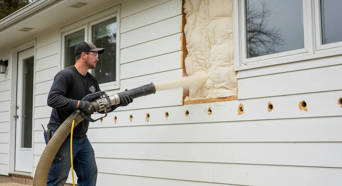 Professional blown-in insulation contractor installing dense-pack cellulose insulation through drill holes in exterior wood siding of a 1960s ranch house with worker holding industrial insulation blower hose and cellulose material visible