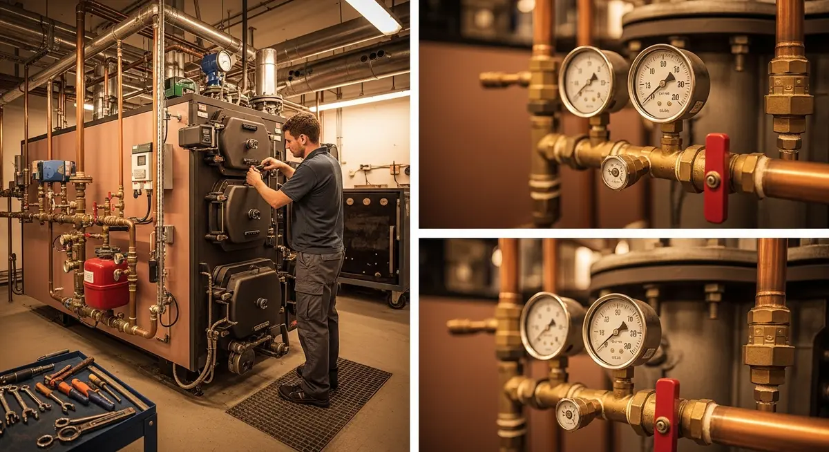 Professional boiler contractor technician servicing a large cast iron sectional boiler in a commercial building mechanical room with copper pipe fittings pressure gauges and hydronic heating system components