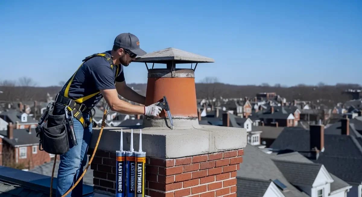 Professional brick chimney cap mortar wash repair contractor on a residential rooftop applying hydraulic cement mortar wash to a deteriorated Portland cement chimney crown on a classic brick chimney in Detroit Michigan Wayne County Grosse Pointe Dearborn neighborhood photography