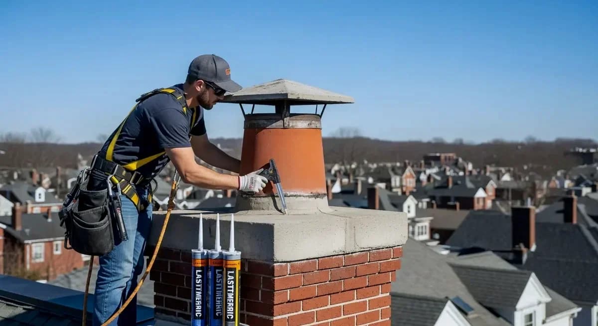 Professional brick chimney flue tile crack repair contractor applying ceramic repair compound over hairline thermal fatigue crack network on clay flue tile inner surface at residential brick chimney in Kansas City Missouri Independence showing contractor with repair compound applicator sealing carbon monoxide infiltration hairline crack at gas furnace flue connection with Kansas City Missouri residential neighborhood background and Midwest urban landscape
