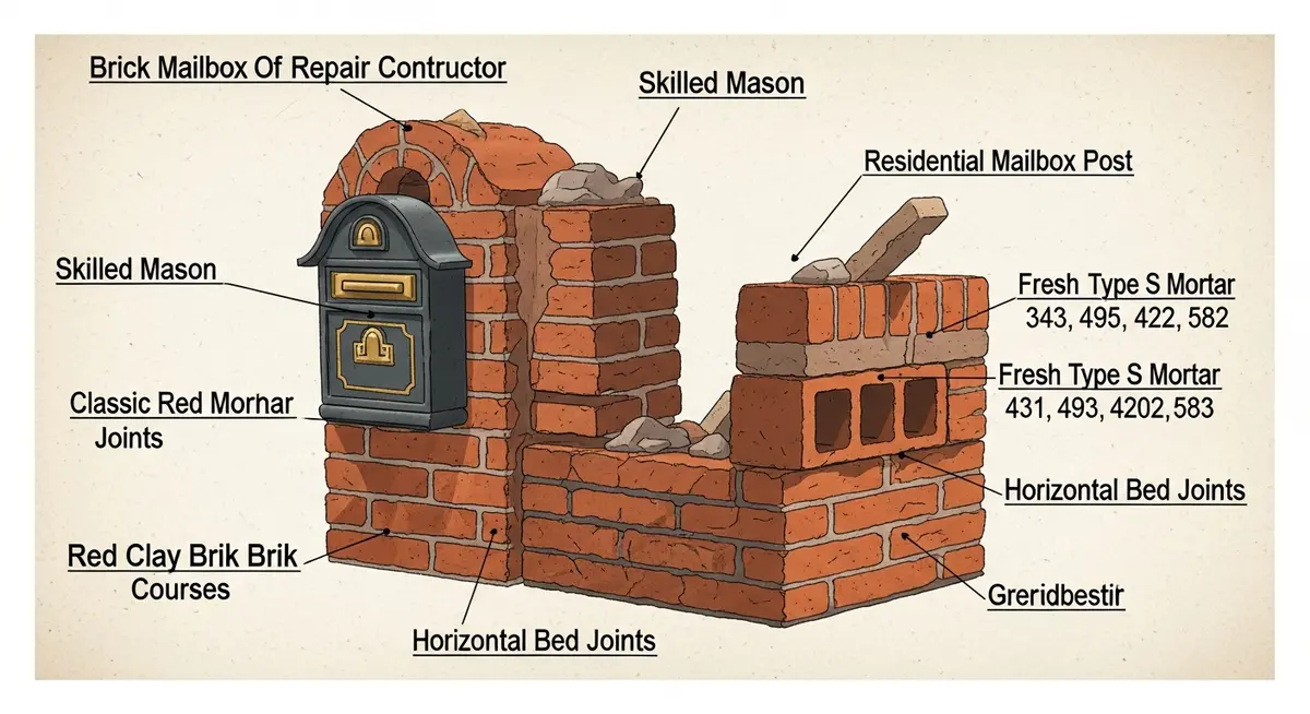 Professional brick mailbox repair contractor repointing deteriorated mortar joints on a classic red brick residential mailbox post at the end of a suburban Atlanta Georgia driveway with DeKalb County neighborhood visible in background