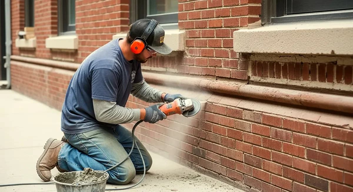 Professional brick patio repointing contractor grinding deteriorated mortar joints and repacking with Type S mortar on residential brick paver patio in Pittsburgh Pennsylvania Allegheny County suburban neighborhood photography
