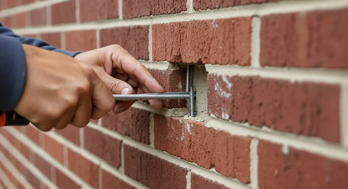 Professional masonry contractor installing stainless steel helical wall tie through brick mortar joint on 1960s Cleveland Ohio colonial house exterior showing corroded galvanized strap tie replacement residential brick veneer repair Cuyahoga County photograph
