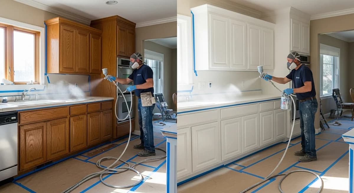 Professional cabinet painter applying smooth spray enamel finish to kitchen cabinets in a residential home transformation