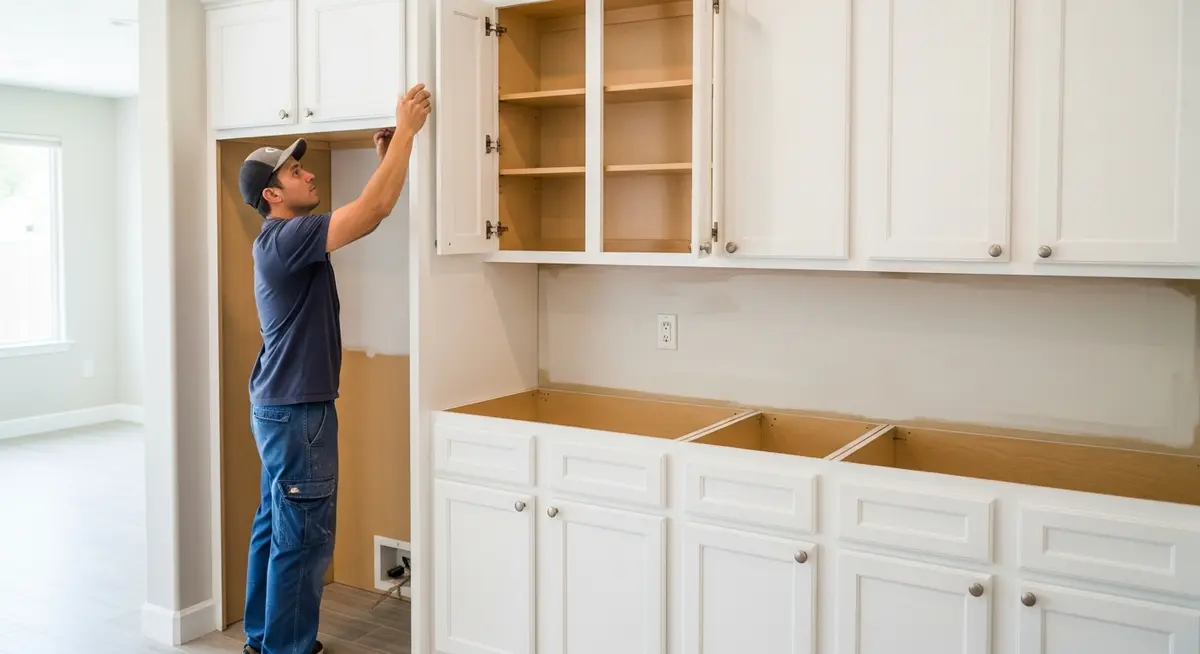 Professional cabinet refacing contractor installing new white shaker door fronts on kitchen cabinets with veneer applied to cabinet boxes in a bright Sacramento California residential kitchen transformation