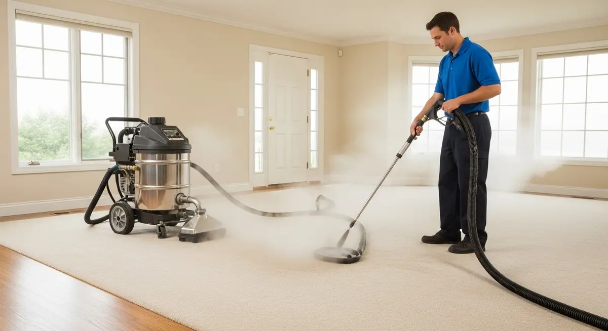 Professional carpet cleaning technician operating a truck-mounted hot water extraction machine with high-pressure steam wand on a beige living room carpet removing pet stains