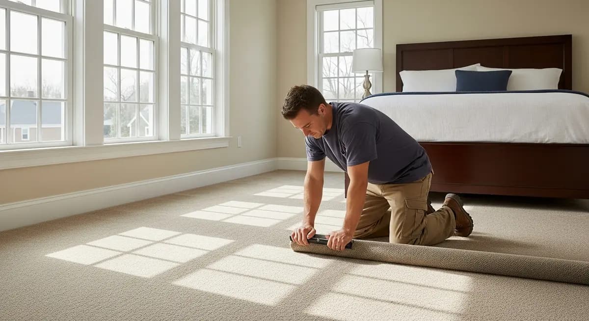 Professional carpet installation contractor in Providence Rhode Island on his knees installing wall-to-wall plush cut pile carpet in a bright New England colonial bedroom showing contractor using knee kicker tool to stretch and tack carpet at baseboards with freshly installed warm taupe Stainmaster carpet extending across sun-lit bedroom with white trim colonial windows