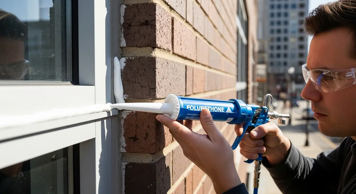 Professional caulking contractor applying polyurethane sealant bead to expansion joint on commercial building exterior with precision caulk gun along brick and aluminum window frame perimeter