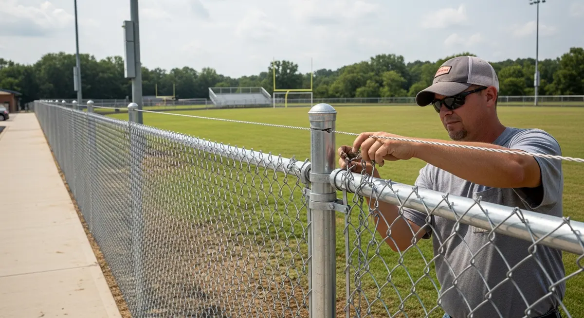 Professional chain link fence contractor installing galvanized commercial chain link fence at a school athletic facility in Memphis Tennessee showing the contractor tensioning galvanized steel chain link mesh on terminal posts set in concrete with athletic field visible in background