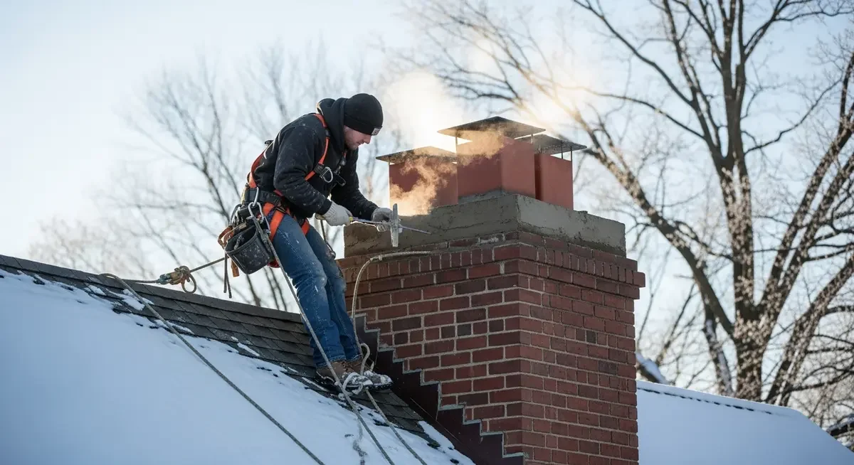 Professional chimney breast removal contractor demolishing interior brick chimney breast in Kansas City Missouri 1940s craftsman home open plan living room renovation structural steel beam installation masonry debris photography