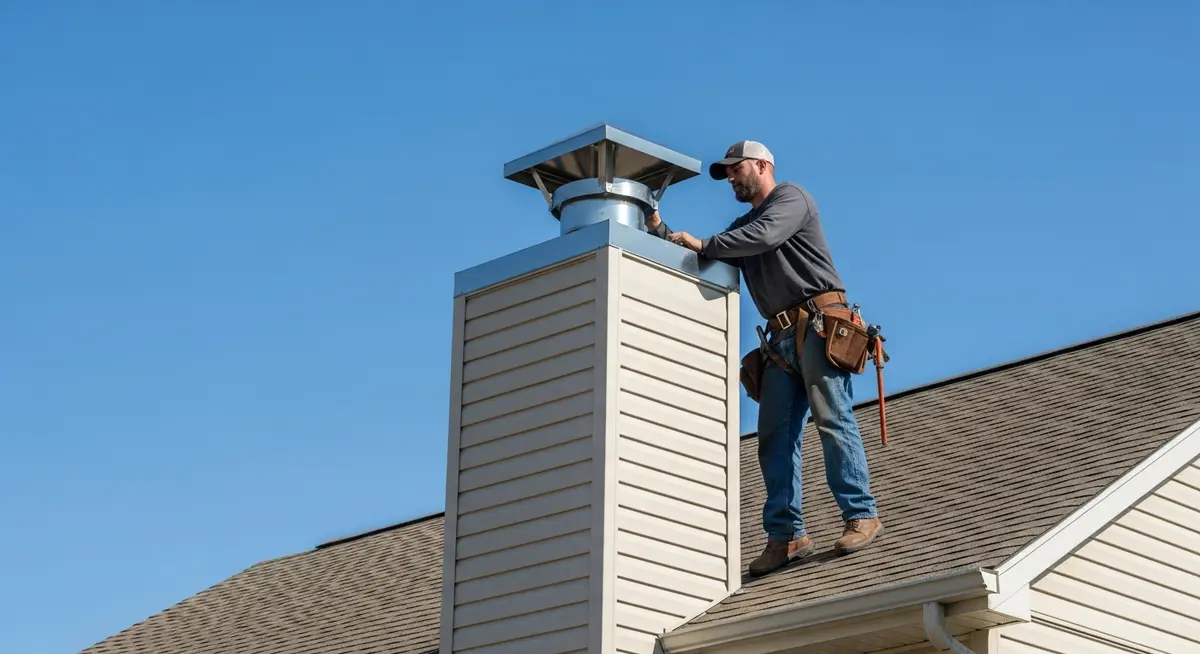 Professional chimney chase cover replacement contractor installing new stainless steel chimney chase top on prefabricated metal fireplace chimney at Nashville Tennessee suburban residential home Davidson County vinyl siding blue sky photograph