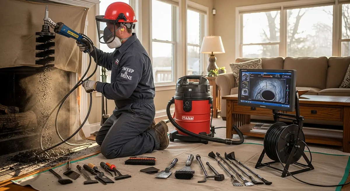 Professional chimney cleaning technician using rotary brush equipment and CSIA inspection camera to clean and inspect a residential fireplace flue