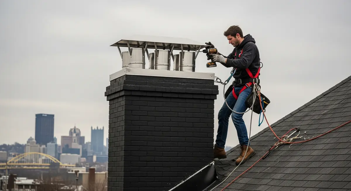 Professional chimney contractor installing stainless steel top-mount damper at flue crown on brick chimney of Columbus Ohio ranch house with Franklin County residential neighborhood in background