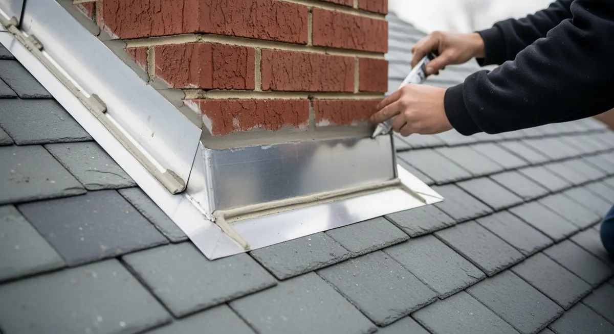 Chimney flashing repair contractor installing step flashing and counter flashing at chimney-to-roof junction on a residential steep-slope roof showing aluminum counter flashing embedded in mortar joint and step flashing woven between shingle courses