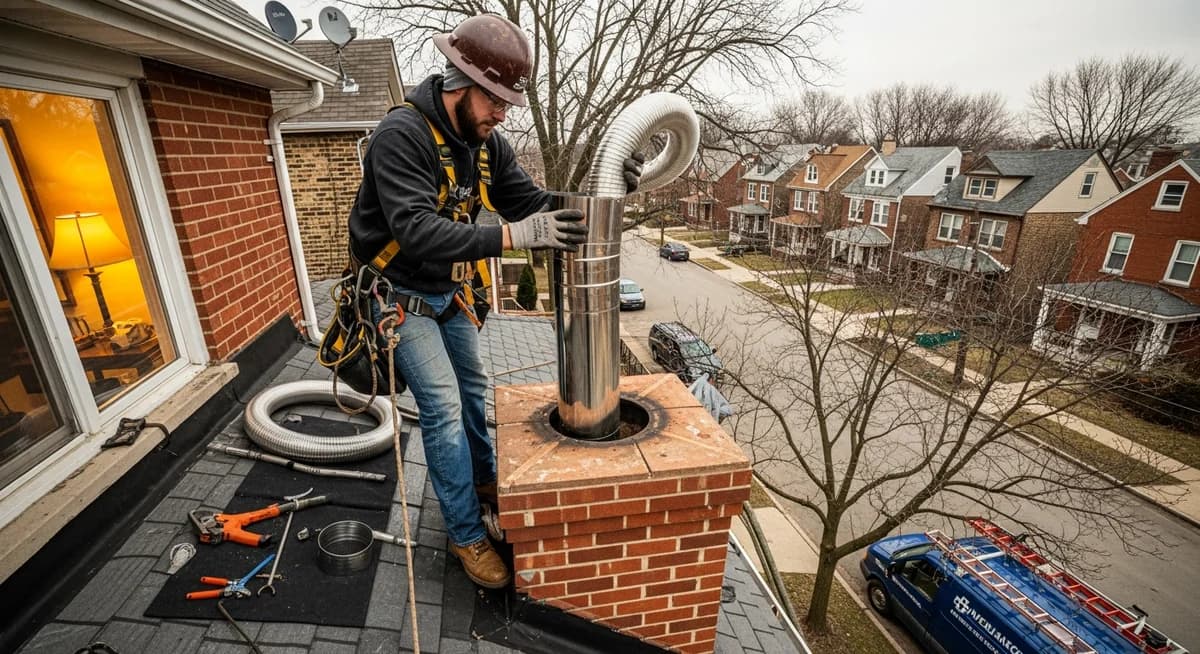 Professional chimney liner contractor installing a stainless steel flue liner system in a residential brick chimney