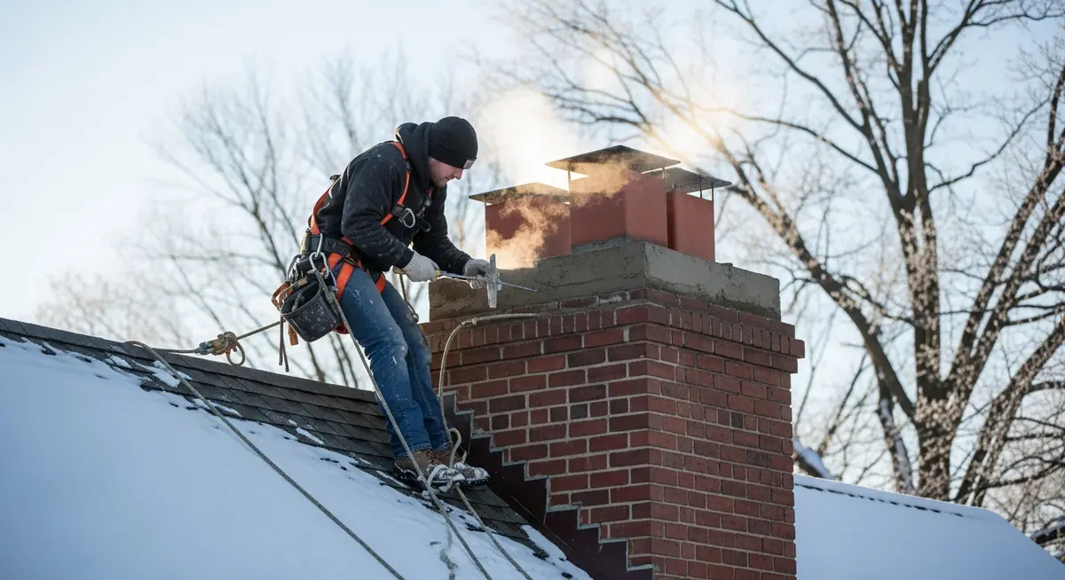 Professional chimney repair contractor tuckpointing deteriorated brick mortar joints on a classic residential brick chimney in a northeastern US city using professional masonry tools and safety harness